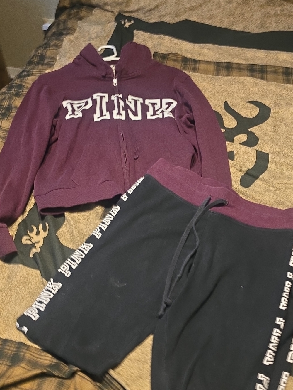 PINK Victoria's Secret Plum Zip Hoodie and Black Lounge Pants